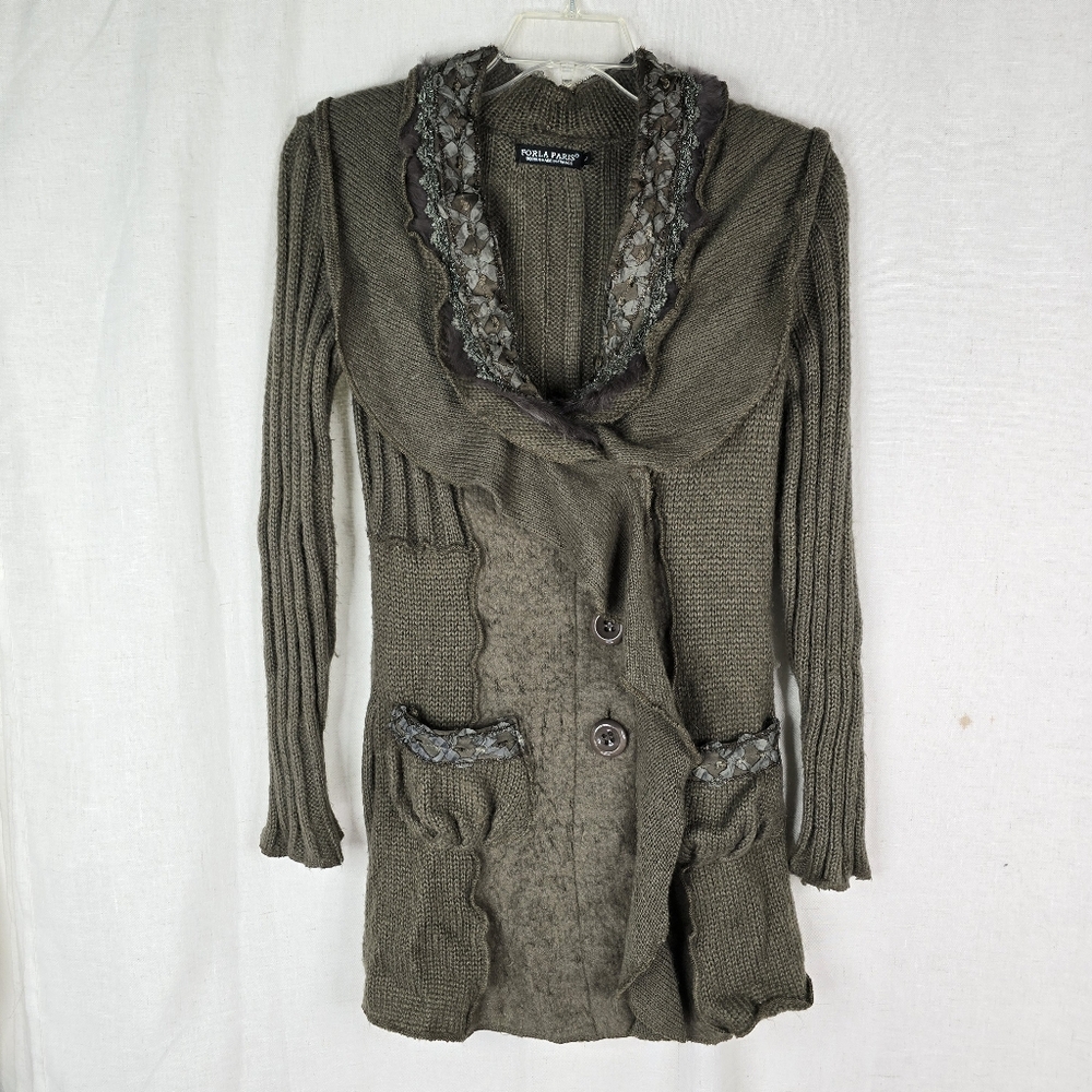 Forla Paris Large Cardigan Gray Wool Ruffle Rose Fairy Core Boho Long Y2k